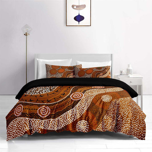 Aboriginal Indigenous Custom Bed Set inspired and designed by Indigenous Artists of Remote Communities. This design is titled "Beatons", Aboriginal dreamtime story. New trending bed sets in 2022.