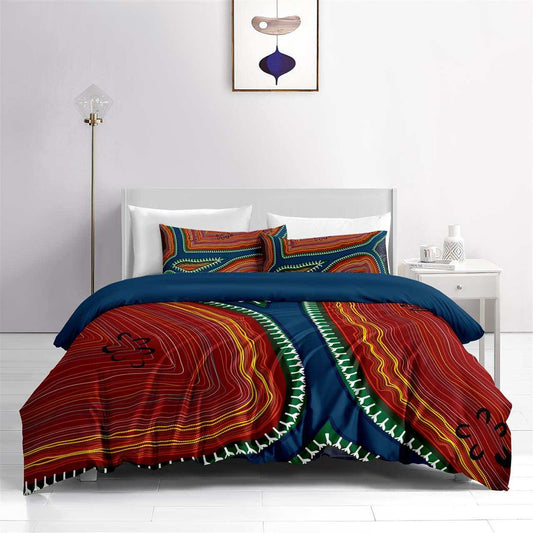 Aboriginal Indigenous Custom Bed Set inspired and designed by Indigenous Artists of Remote Communities. This design is titled "Nullagine river" that passes through the Nullagine community. New trending bed sets in 2022.